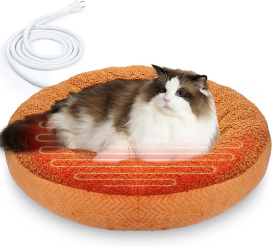 Ultra-Soft Heated Cat Bed – Cozy Round Warming Bed for Indoor Cats, Machine Washable &amp; Thermostatic Heating