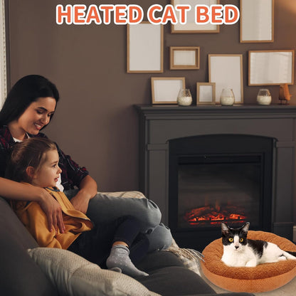 Ultra-Soft Heated Cat Bed – Cozy Round Warming Bed for Indoor Cats, Machine Washable &amp; Thermostatic Heating